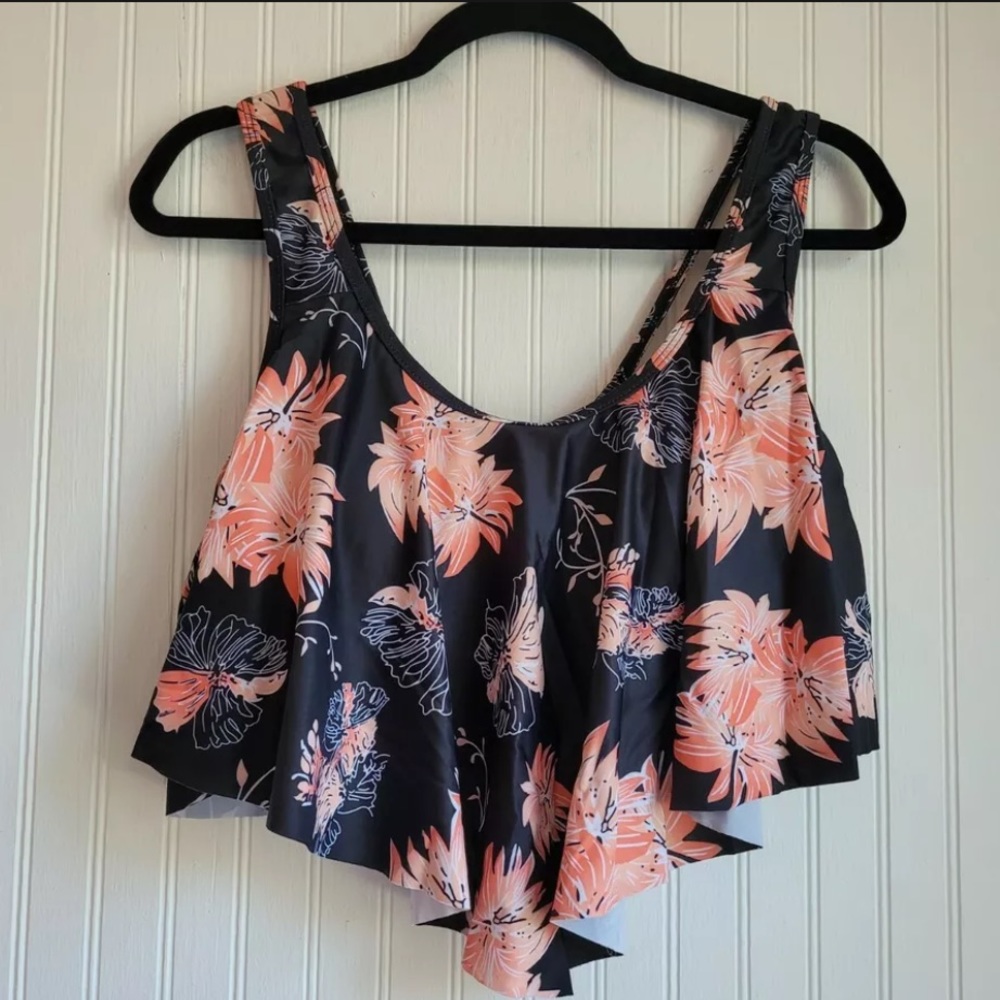 Women's Size XL Tankini Tiered Tank Top Brief Swim Bottoms Black Floral NWOT